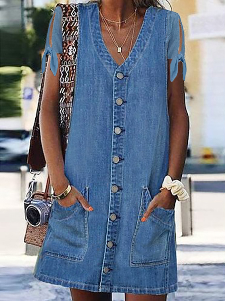 

V Neck Loose Street Dress, Blue, Dresses