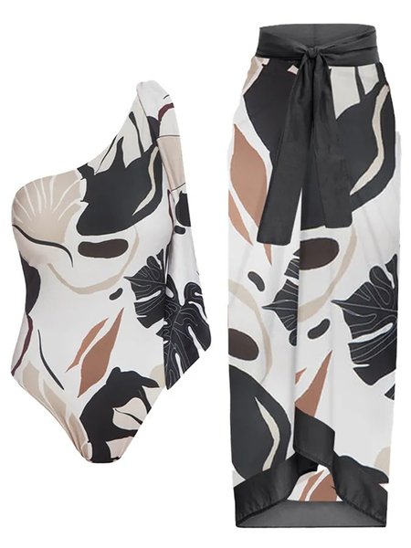 

Vacation One Shoulder Abstract One Piece With Cover Up, Multicolor, Coverups