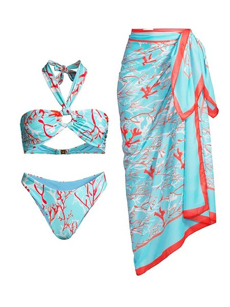 

Printing Vacation Plants Halter Bikini With Cover Up, Blue, swimwear>>3 Piece Bikini Sets