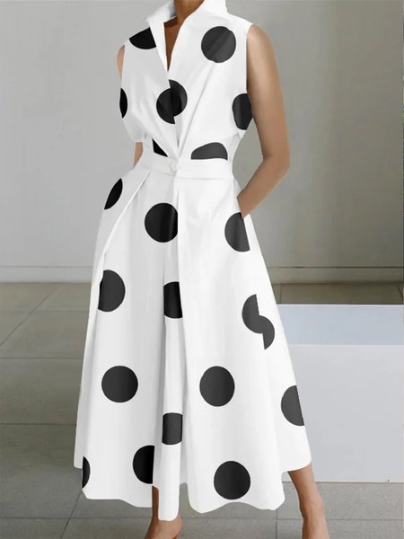 

Elegant Shirt Collar Polka Dots Sleeveless Shirt Dress, White, Midi Dresses