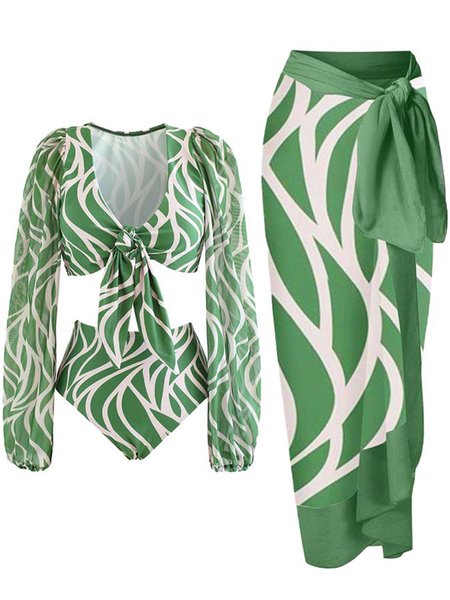 

Vacation Geometric Printing V Neck Bikini With Cover Up, Green, Bikini Sets