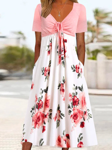 

Color Block Loose Vacation Short Sleeve V-neck Floral Printed Midi Dress, Pink, Dresses