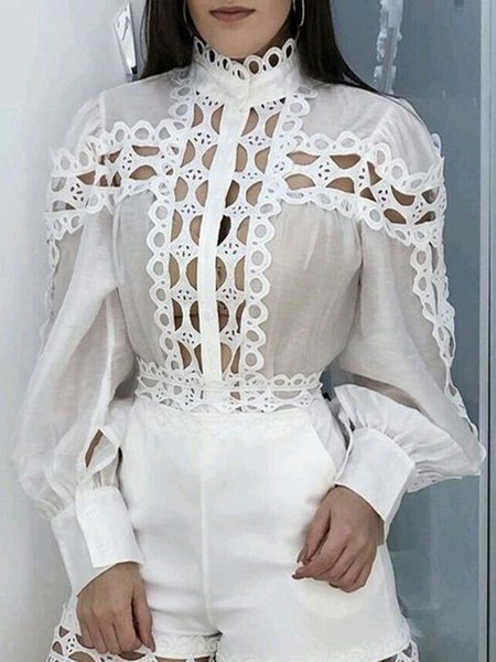 

Elegant Stand Collar Regular Fit Plain Blouse, White, Blouses and Shirts