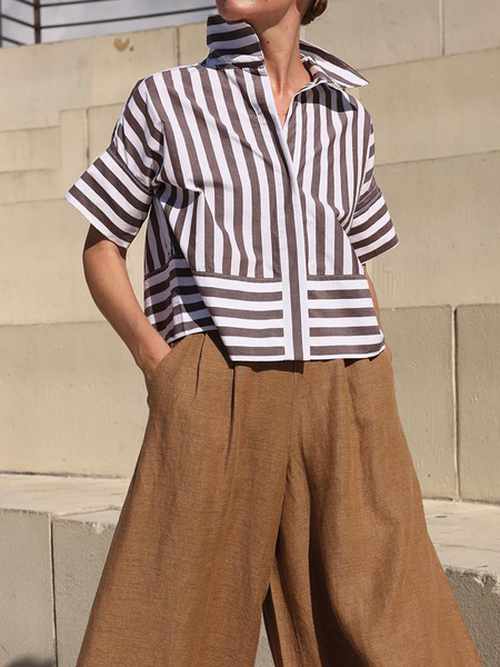 

Loose Vacation Shirt Collar Short sleeve Striped Blouse, Stripe, Blouses and Shirts