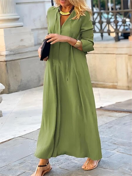 

V Neck Regular Fit Vacation Dress, Green, Maxi Dresses