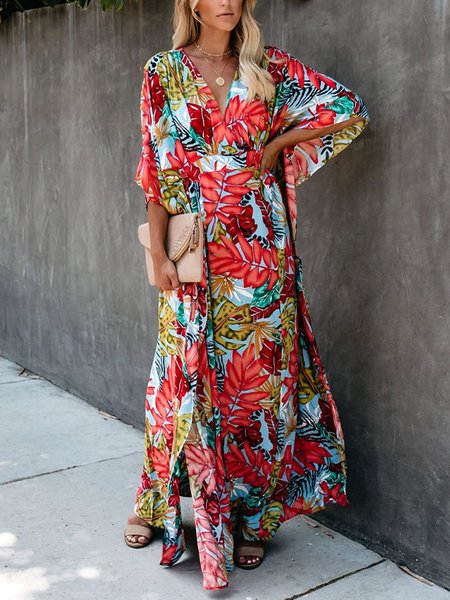 

Loose V Neck Vacation Loose Dress, As picture, Maxi Dresses