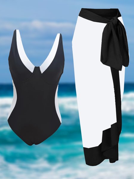 

Vacation Color Block Split Joint V Neck One Piece With Cover Up, Black-white, swimwear>>One-Pieces