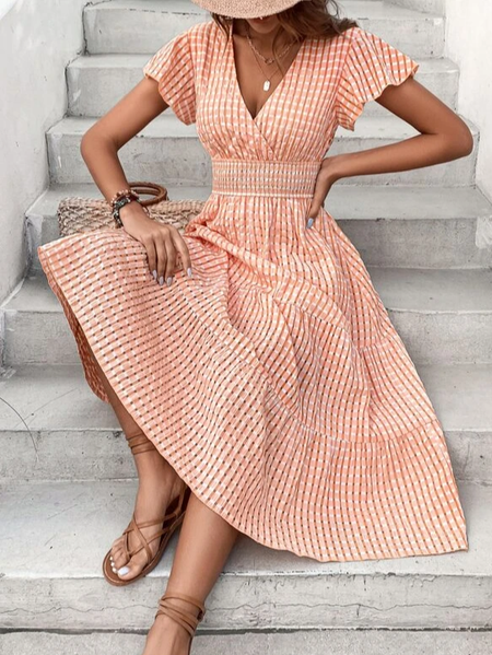 

V Neck Plain Loose Elegant Dress, Orange, Dresses