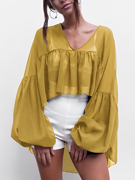 Loose V Neck Vacation Long sleeve Shirt, Yellow, Blouses and Shirts