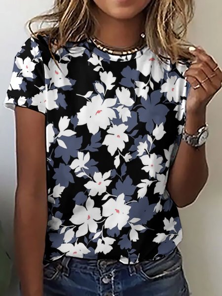

Women's Floral Print Crew Neck Casual T-Shirt, As picture, T-shirts