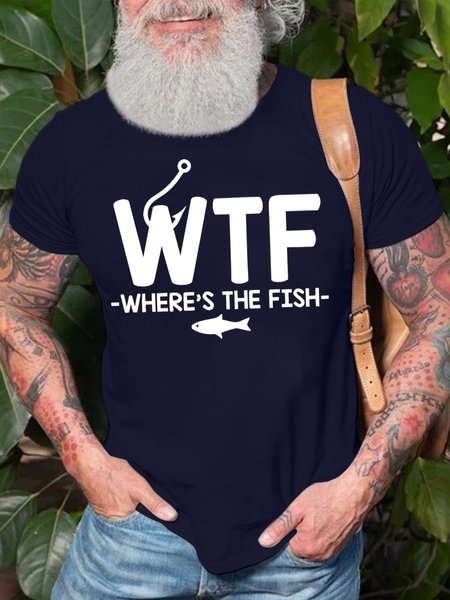 

Men's WTF Where's The Fish Funny Graphic Printing Cotton Crew Neck Loose Casual T-Shirt, Purplish blue, T-shirts