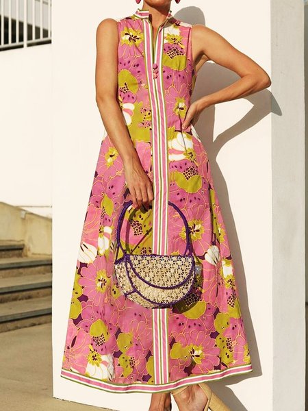 

Daily Regular Fit Stand Collar Elegant Dress, Pink, Midi Dresses