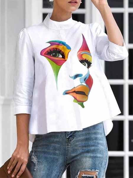 

Loose Stand Collar Urban Figure Blouse, White, Blouses and Shirts