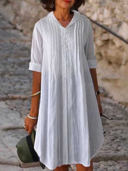 

Vacation Loose Linen Shirt Collar Dress, White, Mini Dresses