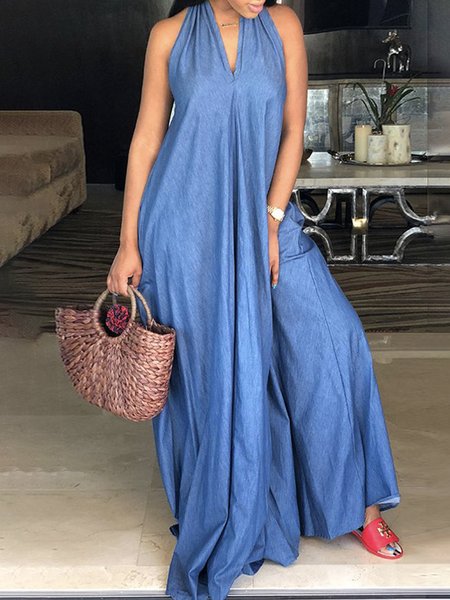 

Casual Plain Summer Polyester Halter Natural Lightweight No Elasticity Daily Dresses for Women, Blue, Maxi Dresses