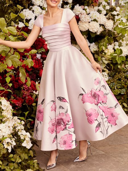 

Floral Vacation Square Neck Satin Dress, Pink, Maxi Dresses