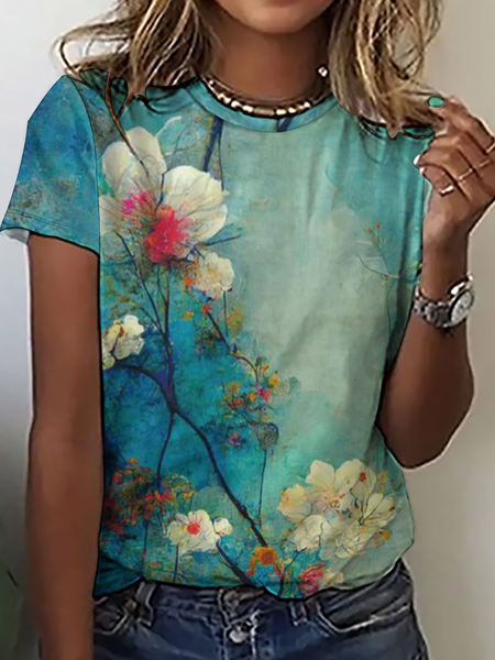 Women's Crew Neck Floral Loose Simple T-Shirt, Green, T-shirts