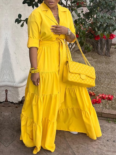 

Urban Lapel Collar Regular Fit Plain Shirt Dress, Yellow, Maxi Dresses