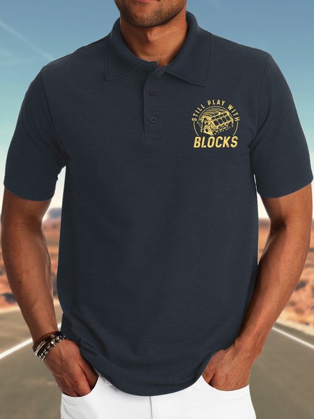 

Men’s Still Play With Blocks Text Letters Casual Polo Collar Polo Shirt, Deep blue, T-shirts