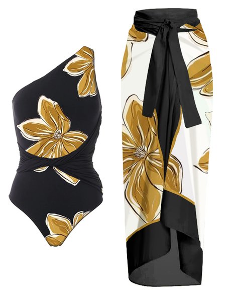 

Vacation Floral Printing One Shoulder One Piece With Cover Up, Black, One-Pieces