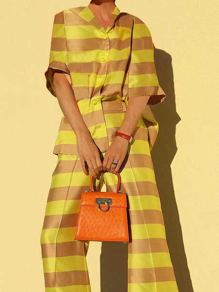 

Loose Lapel Collar Short sleeve Urban Striped Blouse, Yellow, Blouses and Shirts