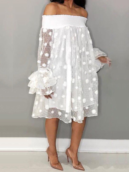 

Loose Elegant Cold Shoulder Ultra lightweight Long sleeve Skirt Dress, White, Mini Dresses