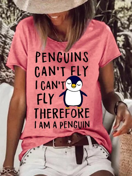 

Women's Penguins Can't Fly I Can't Fly Therefore I Am A Penguin Funny Graphic Printing Crew Neck Cotton-Blend Casual Loose T-Shirt, Red, T-shirts