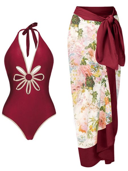 

Vacation Floral Printing V Neck Hollow Out One Piece With Cover Up, Wine red, One-Pieces