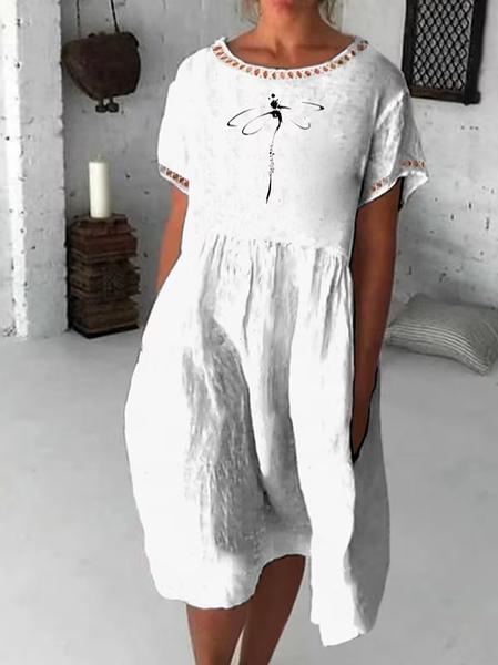 

Casual Lace Loose Crew Neck Dress, White, Dresses