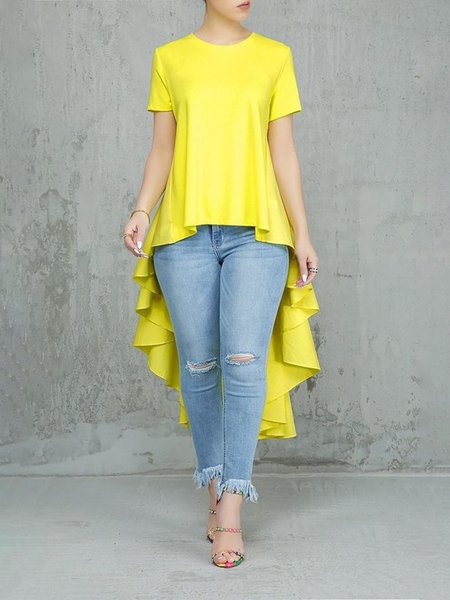 

Loose Crew Neck Casual Mid-long Shirt, Yellow, Blouses and Shirts