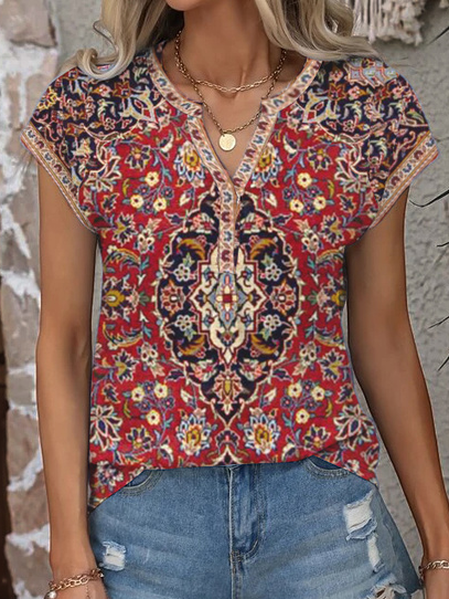 

Summer Ethnic Pattern Design Notched Neck Loose T-Shirt, Red, T-Shirts