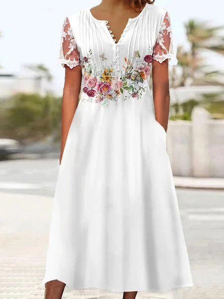 

Floral Casual V Neck Lace Floral Summer Dress, White, Dresses