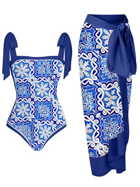 

Vacation Abstract Printing Strapless One Piece With Cover Up, Blue, swimwear>>One-Pieces