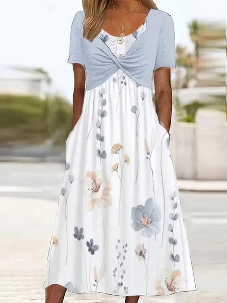 

Floral Vacation Loose Crew Neck Dress, Blue, Dresses