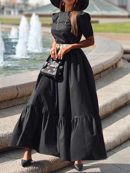 

Elegant Plain Regular Fit Short Sleeve Maxi Dress, Black, Maxi Dresses