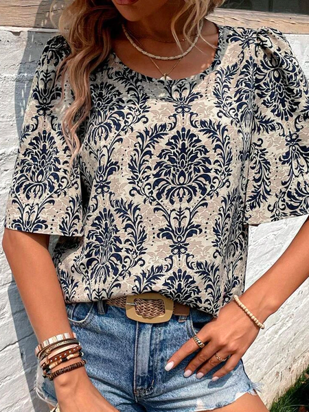 

Vacation Cotton Crew Neck Ethnic Allover Print Puff Sleeve Shirt, Black, Shirts & Blouses