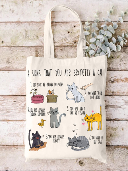 

Women's Six Signs That You Are Secretly A Cat Crazy Cat Lady Letters Shopping Tote, White, Bags