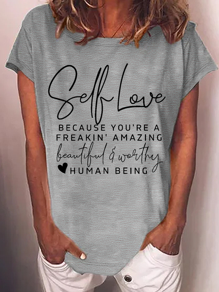 

Women's Positive Self Love Casual Loose Crew Neck Cotton-Blend T-Shirt, Gray, T-shirts