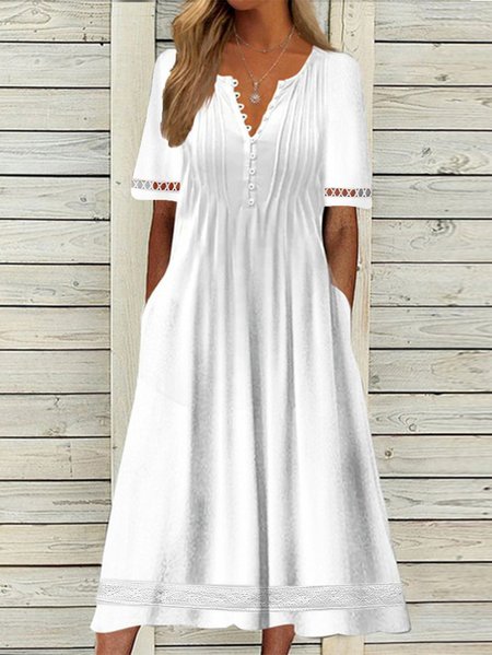 

V Neck Plain Short Sleeve Buckle Hollow Out Lace Casual Dress, White, Midi