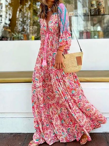 

Loose V Neck Floral Boho Dress, Pink, Dresses