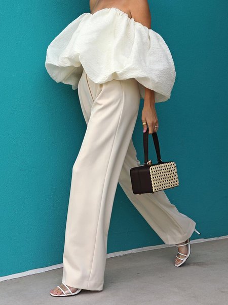 

Plain Urban High Waist Fashion Straight Pants, Off white, Pants