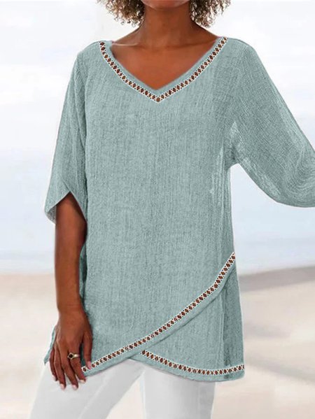 

Linen Plain V Neck Loose Shirt, Gray, Tunics