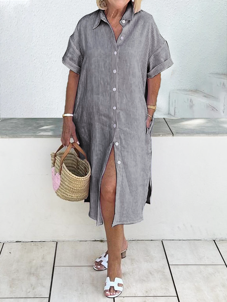 

Linen Geometric Loose Shirt Collar Dress, Gray, Midi Dresses
