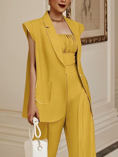 

Loose Urban Plain Lapel Collar Blazer, Yellow, Blazers