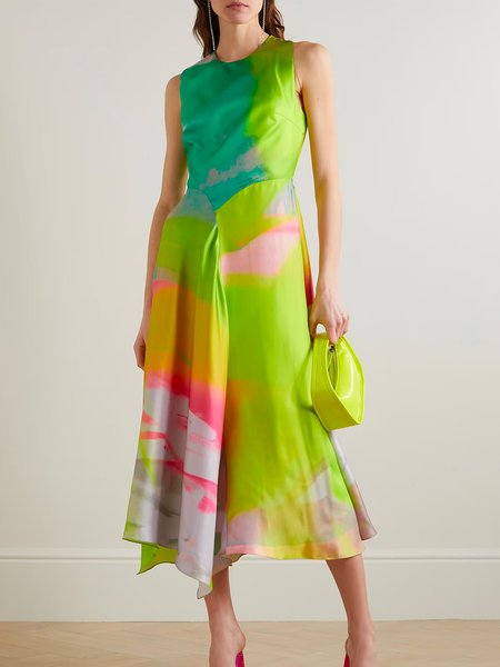 

Vacation Abstract Crew Neck Regular Fit Sleeveless Midi Dress, Green, Midi Dresses