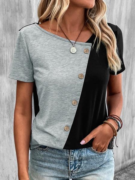 

Casual V Neck Two Tone Button Front Color Block T-Shirt, Gray, T-Shirts