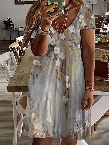 

Plus Size Floral Casual V Neck Short Sleeve Dress, Multicolor, Dresses
