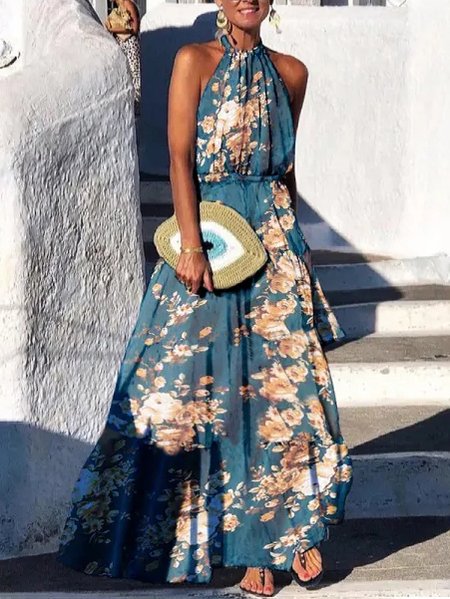 

Vacation Floral Loose Halter Dress, Blue, Dresses