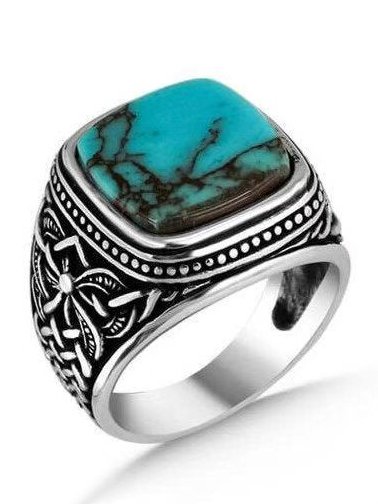 

Vintage Turquoise Ethnic Embossed Pattern Ring Casual Vacation Women's Jewelry, Silver, Rings