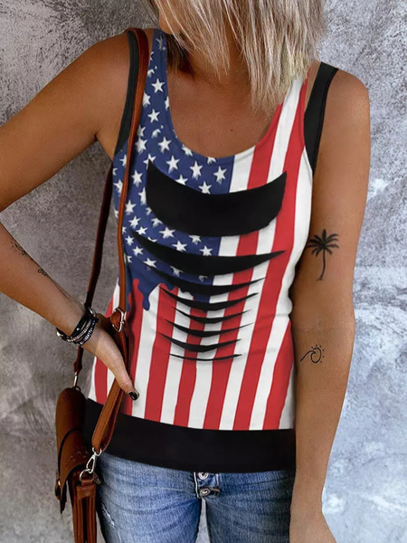 

Crew Neck Regular Fit Casual America Flag Tank Top, Black, Tanks & Camis